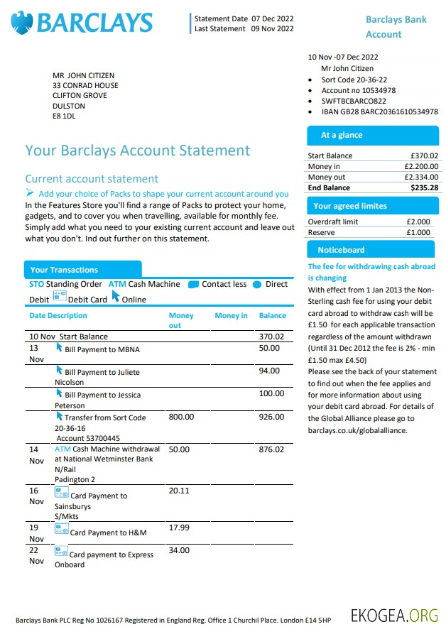 Modèle de relevé de compte bancaire Barclays Royaume Uni au format Word et PDF, version 1